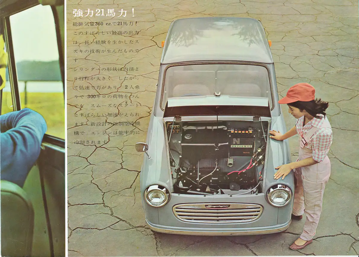 Ez már a 21 LE-s Suzulight motortere, 1962-ből