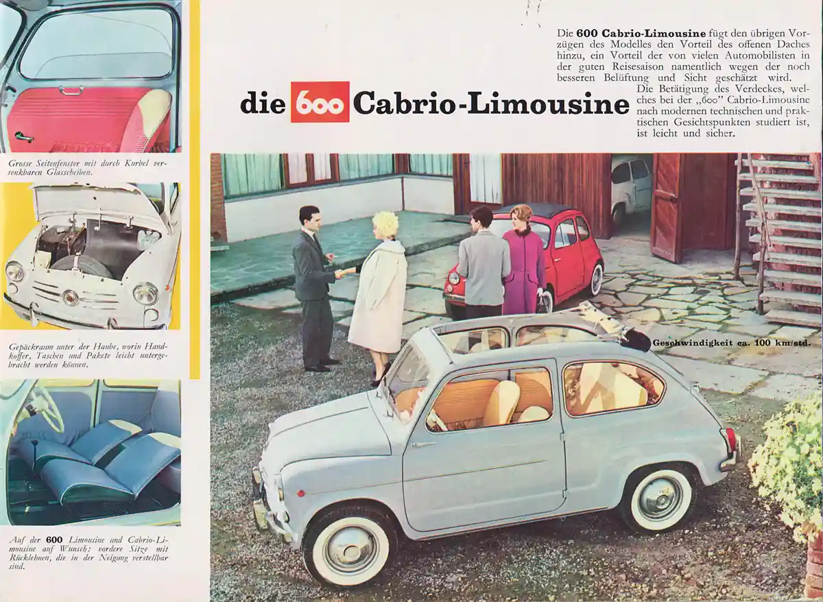1957-ben már megjelent a kisebb testvér, a Fiat Nuova 500, de az nem tudott 100 km/h-t, amivel a ponyvatetős 600-ast hirdették