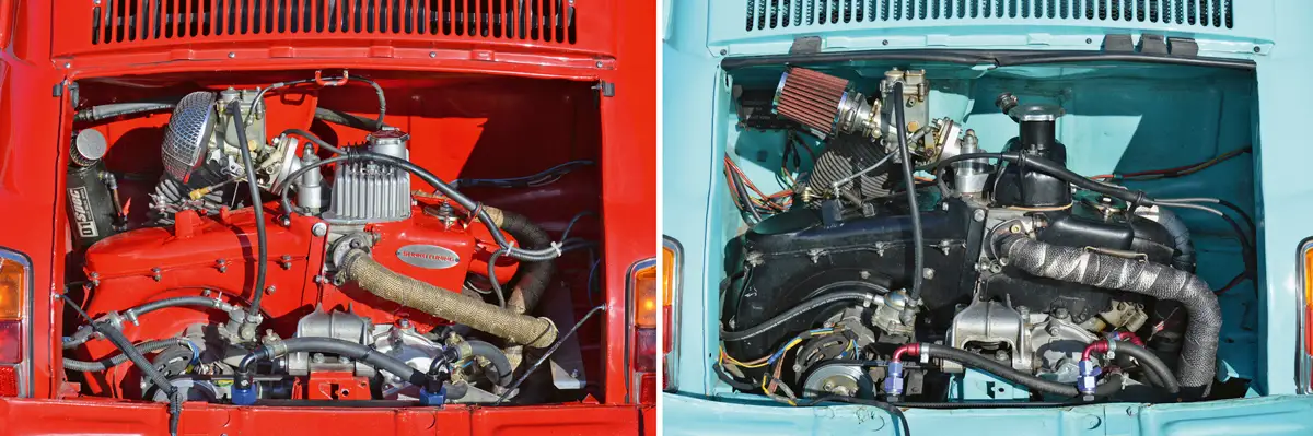 Bal: Az Abarth utánzat motorja 700 köbcentis, és ezt is Dell’Orto eteti, az átlagfogyasztás így 7-8 l/100 km. Alumínium szelepfedél, színre fújt burkolat és bandázsszalagos leömlő teszi látványossá a gépet. Jobb: A hátfal mögé rejtett hűtővel hegymenetben sem kúszik 90-95 foknál feljebb az olajhőmérséklet. Itt eredeti a szelepfedél és papírbetétes a sportlégszűrő